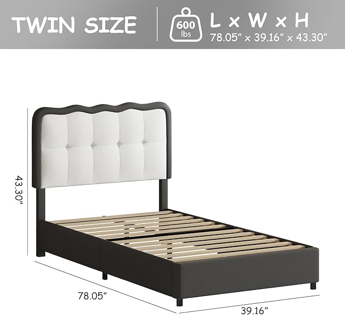 BarnFurin Twin Bed Frame with LED Lights, Twin Size Bed Frame with Cloud Headboard LED Lights, Upholstered Platform Bed with Cloud Headboard, No Box Spring Required, Easy Assembly, Black