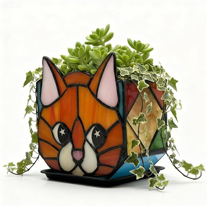 Star Orange Cat Planter, Stained Glass Flower Pot, Art Deco Style, Indoor Plant Container with Drainage Hole, 4.6x3x5.15 Inches