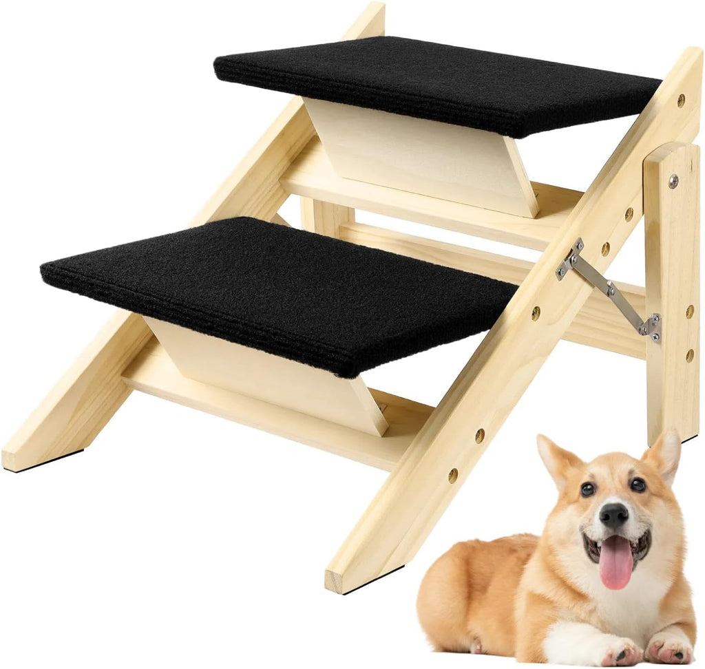 Foldable Dog Stairs/Ramp with 2 Steps - Durable Wooden Pet Stairs for Small, Medium, Large Dogs - Black (No Assembly Required)
