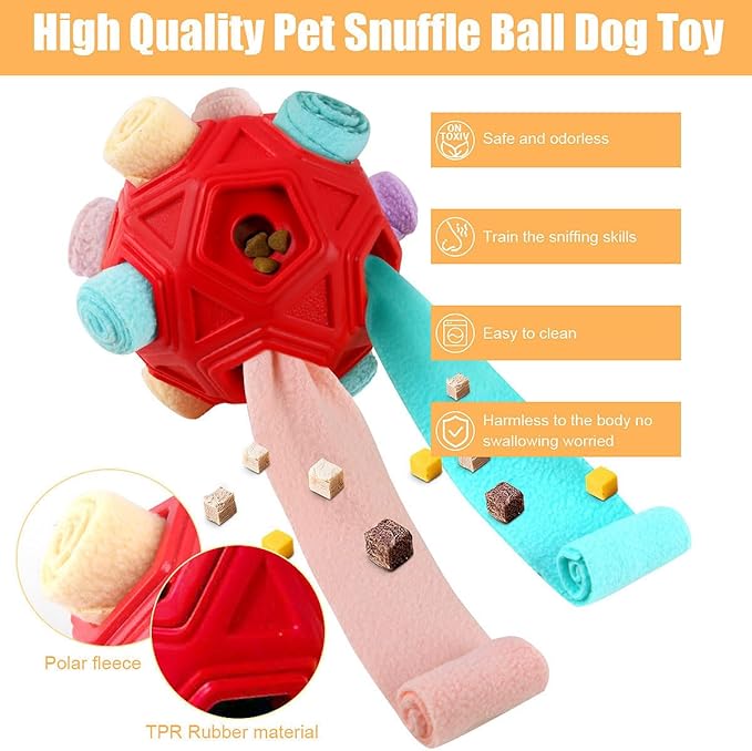 Dog Snuffle Ball-Interactive Puzzle Dog Toys Encourage Natural Foraging Skills Slow Feeder for Training and Stress Relief, Cloth Strip Hiding Food Chew Toys for Any Size Dogs (Red Macaron)