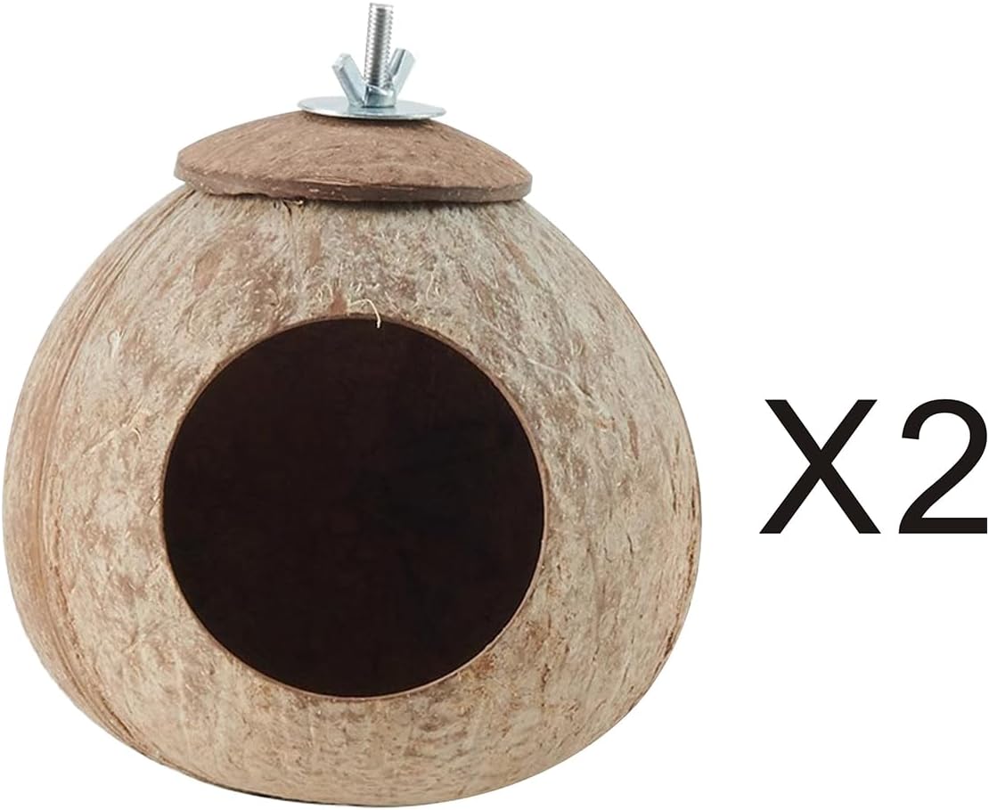 Bird Nest for Cage Natural Coconut Shell Birds House 2 Pack Parakeet Hide Breeding Hut Bird Cage Accessories & Decor Hamster Toys for Parrot Lovebirds Budgies Cockatiel Conure Finch Canary