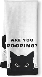 Quick-Drying Humorous Bathroom Hand Towel with Playful Black Cat Design - Quirky 'are You Pooping' Inspired Artwork Decorative Towel for Bathroom, Funny Feline Lover Gifts for Cat Ladies