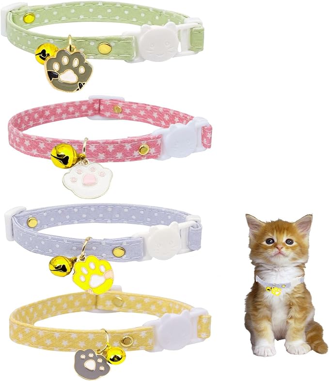 4 Pack Cotton Breakaway Cat Collars with Bell, Safety Adjustable Cat Collars Set with Egg Cat Paw Pendant,Ideal for Girl Cats Boy Cats