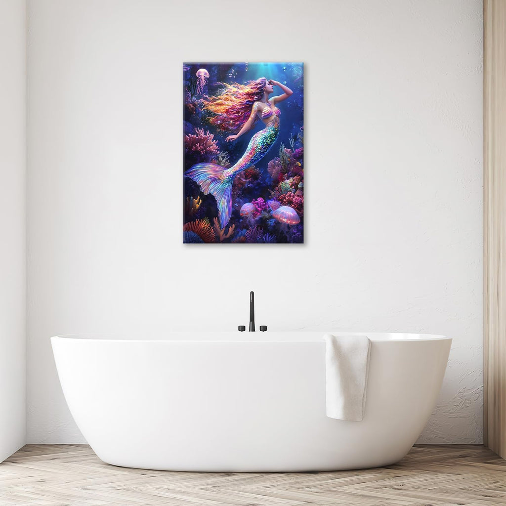 Sea Mermaid Bathroom Pictures Wall Art, Ocean Mermaid Bathroom Wall Decor, Aesthetics Framed Painting Canvas Artwork for Bedroom Living Room Decorations 24"L x 16"W