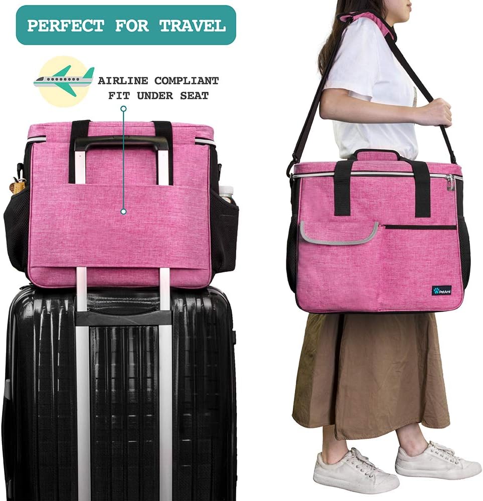PetAmi Dog Travel Bag - Travel Pet Organizer with Food Container and Bowls, Perfect for Weekend Camping, Cat Diaper Bag (Pink, Large)