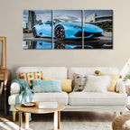 TUMOVO Blue Sports Car Wall Art for Bedroom Speed Super Car Canvas Painting Clouds Sky Large Wall Art for Living Room Open Car Contemporary Home Decor 3 Panels Stretched on Wooden Frame, 36" Wx16 H