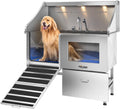 polimo Dog Washing Station, LED Professional Stainless Steel Dog Bathing Station 50", Dog Grooming Tub for Large, Medium & Small Dog - with Window, Ramp, Drawer, Floor Grate & Faucet (Left RAMP, 50")
