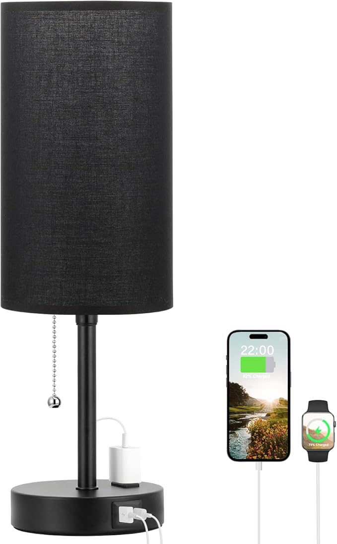 Dicoool 17Inch Tall Bedroom Lamps with USB C and A Ports 3 Color Temperatures - Pull Chain Black Nightstand Bedside Table Lamp with AC Outlet, Side Lamp for Living Room End Table