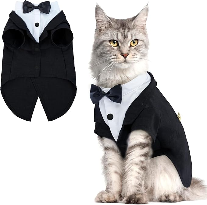 QBLEEV Cat Tuxedo Suit, Cat Halloween Costumes for Cats Only, Sphynx Cat Tuxedo Outfit Costume with Bow Tie, Kitten Formal Attire Wedding Birthday Onesie Clothes for Male Girl Hairless Cats