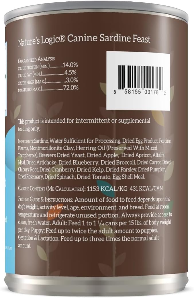 Nature's Logic Grain-Free Canned Dog Food - 90% Animal Proteins - 100% Natural Wet Dog Food Cans - No Common Allergens - All Life Stages - Ideal for Sensitive Dogs - Sardine, 12/13.2oz