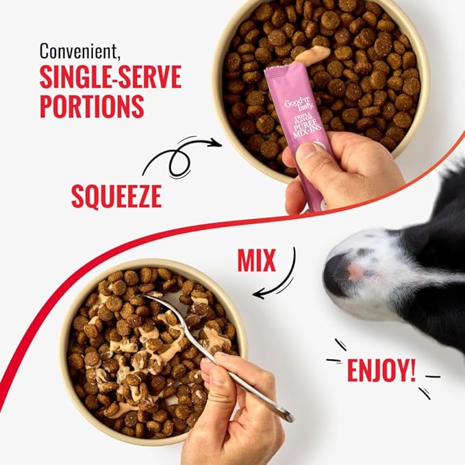 Good 'n' Tasty Triple Flavor Puree Mix-Ins Dog Food Topper Treats for All Dogs, 28 Count, Easy Single-Serve Portions, Added Protein with Salmon, Tuna and Krill, No Chicken or Beef Added