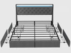 SADENICEL Queen Bed Frame with Storage Headboard, Metal Platform Bed Frame Queen Size with 4 Drawer, LED Light, Charging Station, No Box Spring Needed, Noise Free, Easy Assembly, Grey