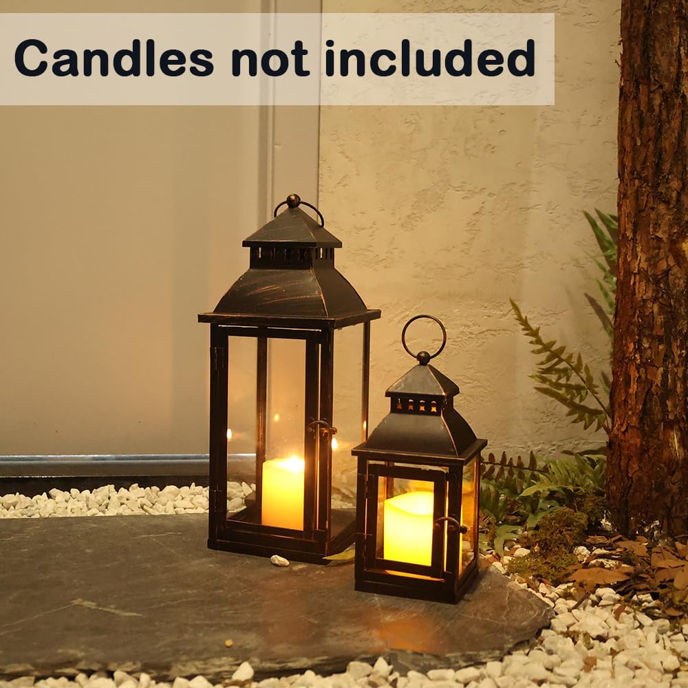 NEEDOMO Lanterns Decorative Outdoor&Indoor, Set of 2 Large Bronze Metal Lantern Decor with Glass, Candle Holder for Porch, Patio, Garden, Balcony, Wedding, Table Centerpiece Decorations