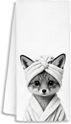 Funny Fox Bathroom Hand Towels, Fox Gifts for Women, Gifts for Animal Lovers, Black and White Farmhouse Wild Animal Decorative Hand Towels for Bathroom Decor, 16x24 Inch