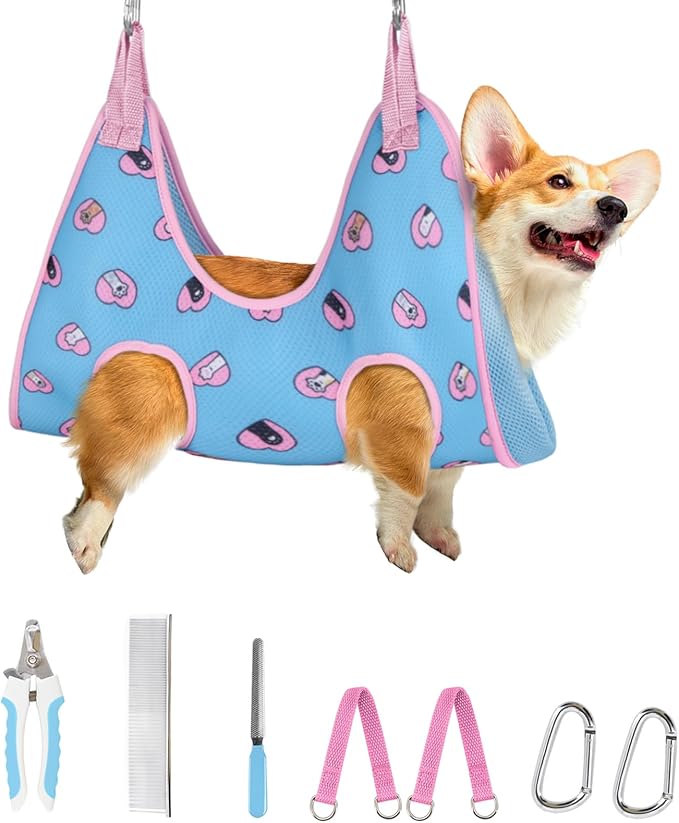 Supet Dog Grooming Hammock Harness for Dogs Cats, Relaxation Pet Nail Clipper Hammock, Restraint Dog & Medium Animal Leashes Sling for Groomingk for Nail Trimming (Blue-Love, M)