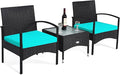 COSTWAY 3 PCS Patio Wicker Conversation Set, PE Rattan Sofa with Tempered Glass Coffee Table, 2 Chairs, 2 Cushions, Outdoor Patio Furniture Set for Yard Porch Bistro Balcony Backyard Pool, Turquoise