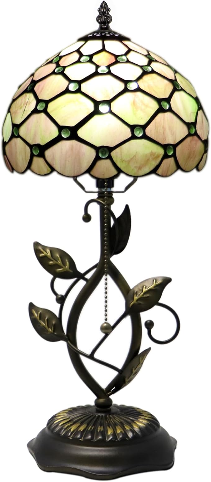 Small Tiffany Lamp Amber Green Pearl Style Stained Glass Table Lamps Desk Bedside Reading Light 8X8X18 Inches with Bronze Metal Leaf Resin Base