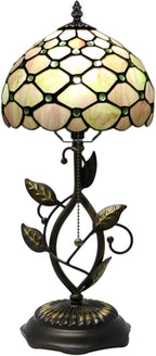 Small Tiffany Lamp Amber Green Pearl Style Stained Glass Table Lamps Desk Bedside Reading Light 8X8X18 Inches with Bronze Metal Leaf Resin Base