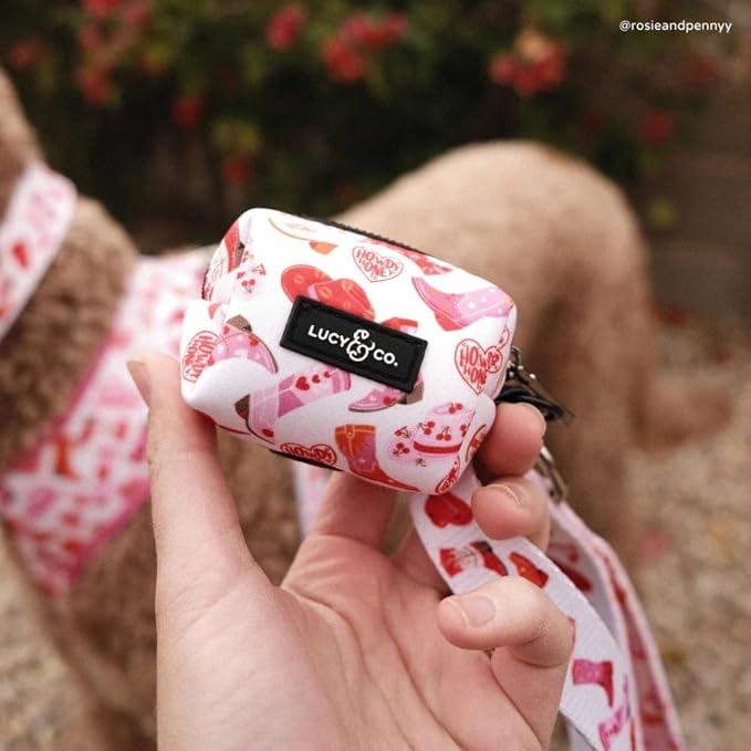 Lucy & Co. Dog Poop Bag Holder - Leak Proof Dispenser with Leash Attachment - Easy Refills - Hygienic Pet Poop Pickup - Pink Orange Western