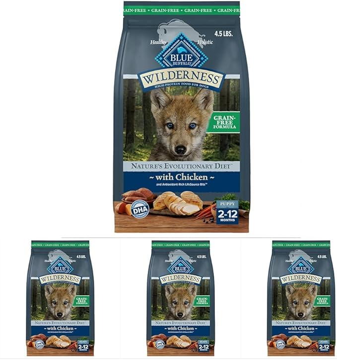 Blue Buffalo Wilderness Puppy High-Protein Dry Dog Food with Real Chicken, Grain-Free, Made in The USA with Natural Ingredients, Chicken, 4.5-lb. Bag (Pack of 4)