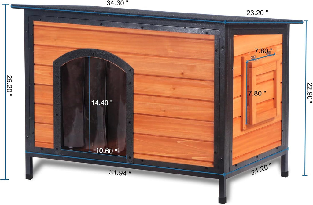 Dog House Outdoor Weatherproof 34.3" L Chew Proof Outside Dog Kennel for Small Medium Dogs with Strong Metal Chew Proof Frame Raised Design