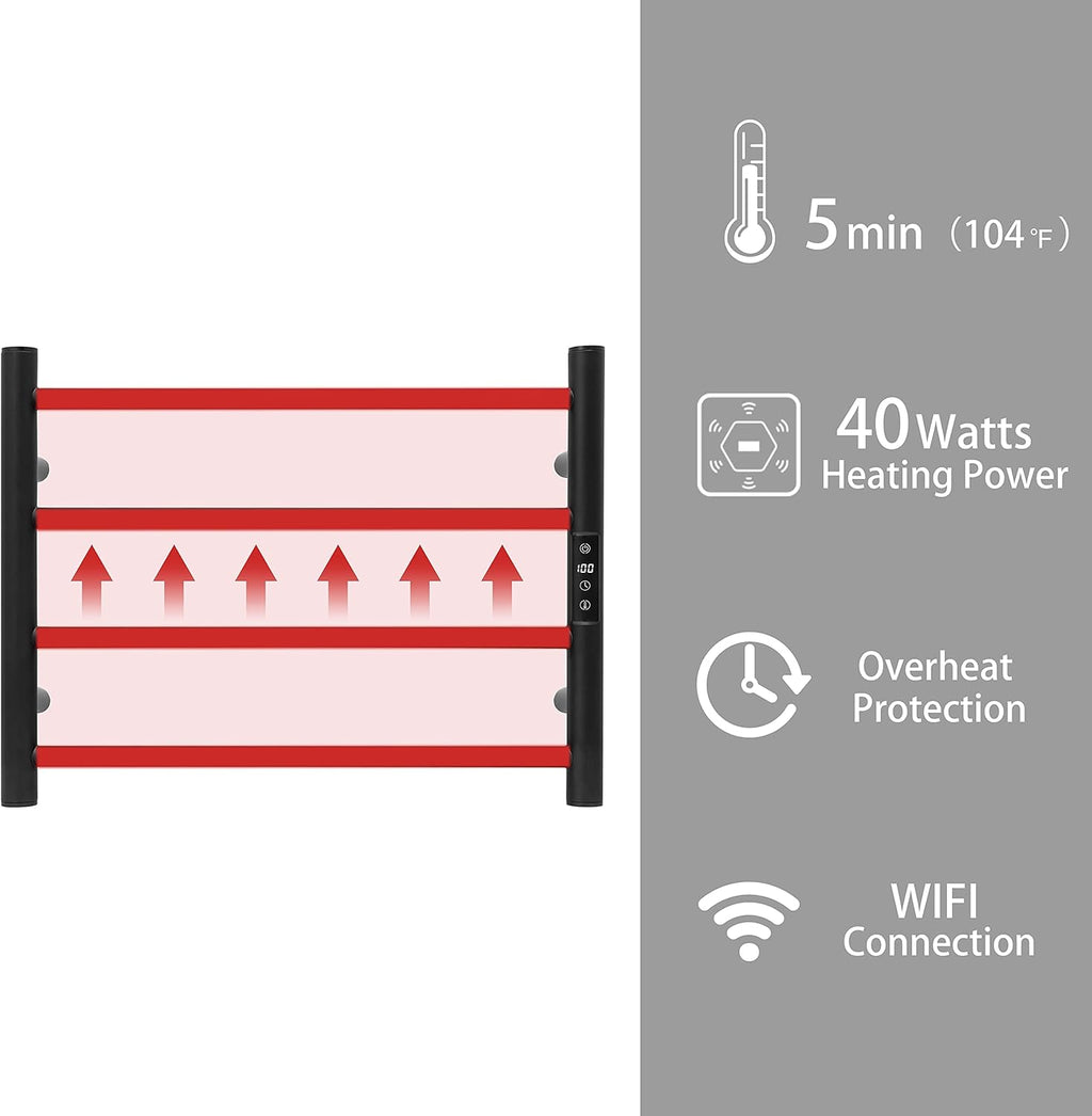 KEG Smart WiFi Towel Warmer Wall Mounted with Built-in Timer and Temperature Adjust Control, 4 Bars Electric Stainless Steel Heated Towel Racks for Bathroom Matte Black