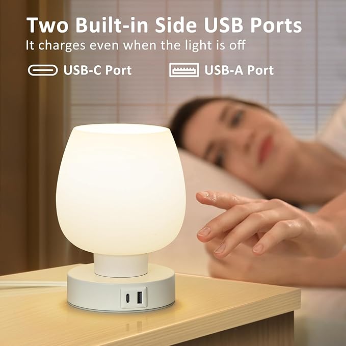 Touch Bedside Table Lamp Set of 2 - Modern Nightstand with USB-C&A Charging, 3-Way Dimmable LED Desk Lamp, White Opal Glass Shade