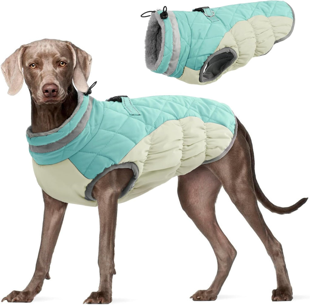 FUAMEY Dog Coat for Large Dogs,Waterproof Dog Winter Jacket with Harness Built in Puppy Cold Weather Coats Reflective Pet Vest with Zipper Warm Fleece Dogs Snowsuit Windproof Mint Green XXXL