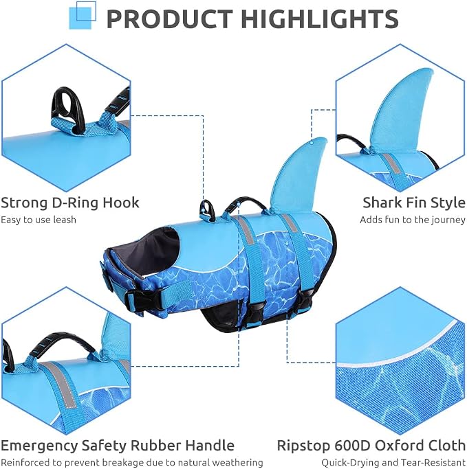 Shark Dog Life Jacket - High Buoyant Swimming Vest, Adjustable Easy-On for Small, Medium, Large Dogs (Blue, XL)