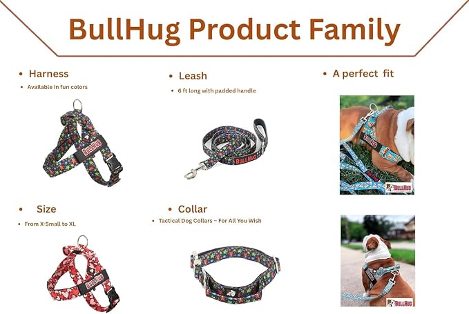 Adjustable Dog Harness– No Pull, No Choke – for English Bulldogs, French Bulldogs, Pugs & Broad-Chested Breeds – Easy, Safe Walks (Bright RED, Medium)