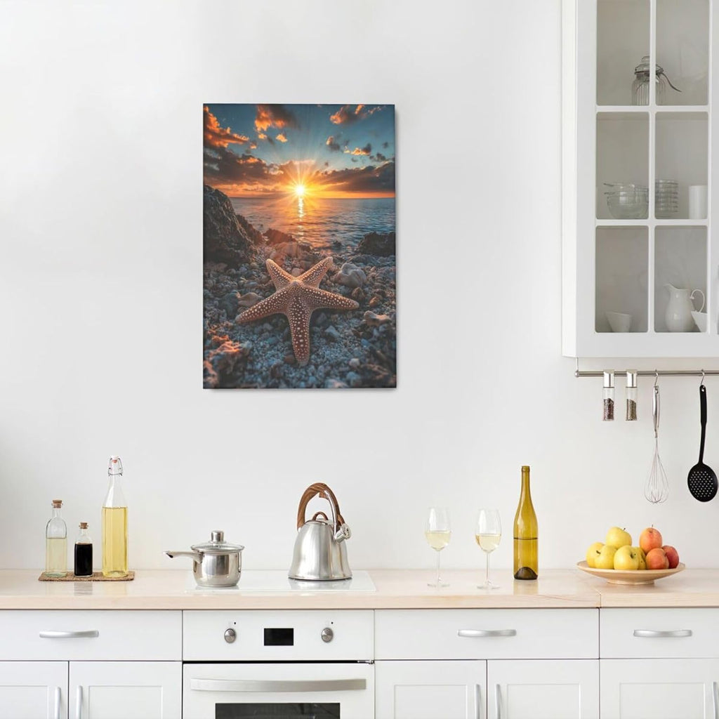 Beach Starfish Wall Decor Ocean Starfish Wall Art Sunset Scenery Coastal Theme Pictures Canvas Nature Seascape Painting Print Framed Artwork Decorations for Home Bathroom Living Room Bedroom Office 16"x24"