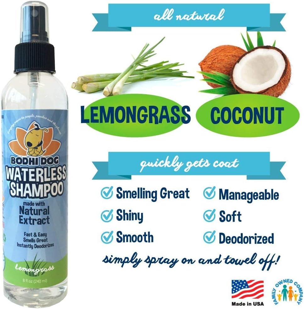 Bodhi Dog Waterless Shampoo for Dogs & Cats - Natural Dry Shampoo, Neutralizes Odor, No Rinse Needed, Safe for All Breeds - Made in USA - Lemongrass Scent (8 Fl Oz)