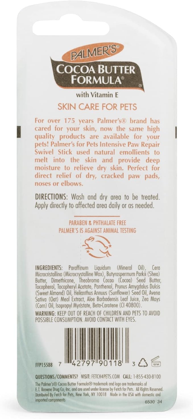 Palmer's Cocoa Butter Fragrance Free Intensive Paw Repair Swivel Stick for Dogs Cocoa Butter Paw Balm with Vitamin E, Peppermint Oil, and Shea Butter for Rough & Dry Pads for Dogs -0.5 oz