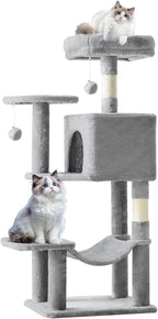 Cat Tree Tower 44 Inch, Small Cat Tower with Condo, Hammock, Sisal Scratching Posts, Extended Perch, Pet Play House for Indoor Kittens and Cats, Light Grey