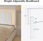 King Bed Frame with 4 Storage Drawers and Adjustable Headboard, Upholstered Platform Bed with LED Lights and USB Ports, Solid Wooden Slats Support, No Box Spring Needed, Easy Assembly, White