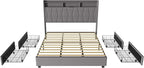 King Size Bed Frame, Velvet Upholstered LED Platform Bed with Headboard Storage, Bed Frame King Built-in Charging Station with 4 Drawers, Wood Slat Support, No Box Spring Needed, Grey