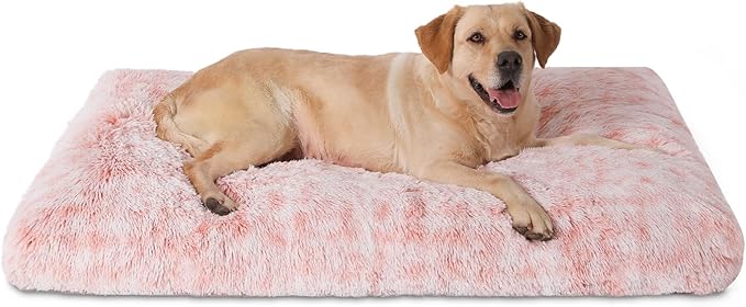 Bedfolks Waterproof Crate Bed, Plush Dog Kennel Pad with Removable Washable Cover, Faux Fur, Fluffy 47"x29", Pink
