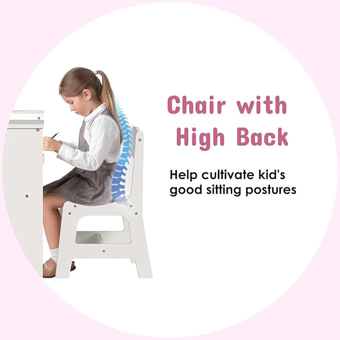 Arlopu Kids Vanity Set, 2 in 1 Toddler Makeup Dressing Table and Chair Set w/Detachable Tri-fold Mirror, Open Shelves, Princess Wooden Pretend Play Desk Furniture Toy for Little Girl (White)