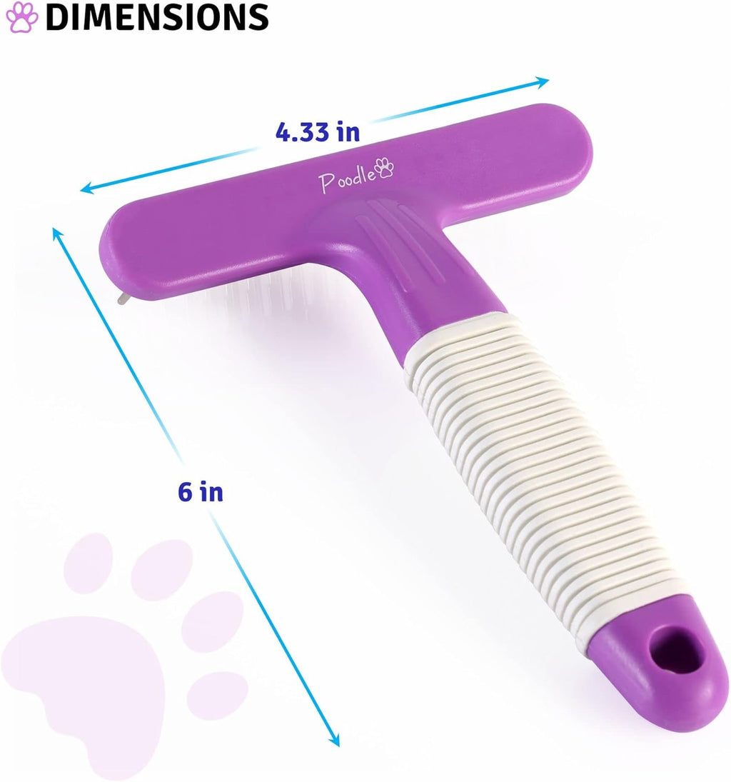 POODLIE Poodle Pet Dog Grooming Rake| Dematting Tool with Stainless Steel Shedding Comb for Pets | 2 Rows of Pins Gently Remove Loose or Tangled Hair from Undercoat | Purple Handle