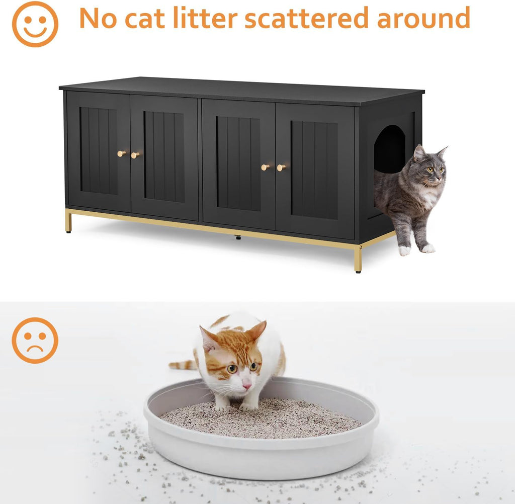 Homhedy Cat Litter Box Enclosure for 2 Cats, Cat Washroom Furniture with Double Room, Pet House with Metal Frame, 47.2”L x 17.7”W x 21.7”H, Black and Gold