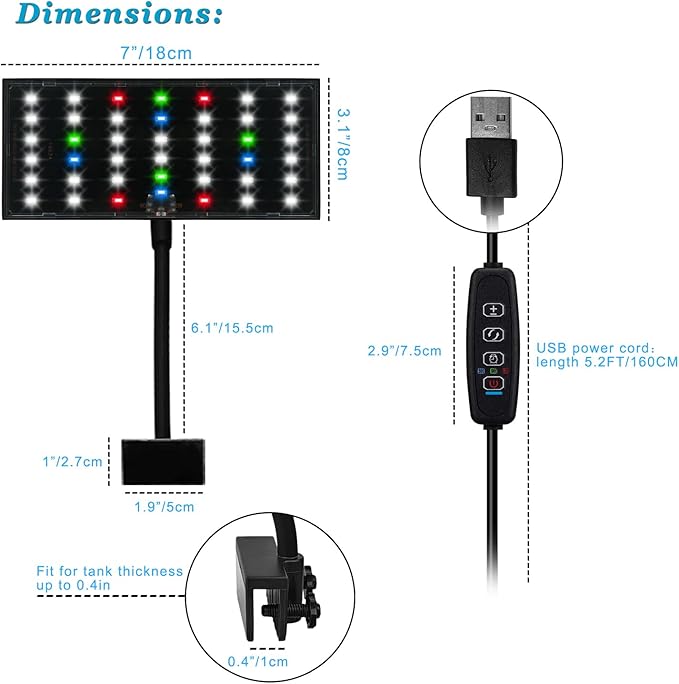 DOMICA Clip On Aquarium Light with Timer for 3 to 8 Gal Fish Tank (Dimmable Full Spectrum LED) USB Moving Lamp for Open Terrarium (Adapter NOT Included), Black, DM-USBLIGHT+T02