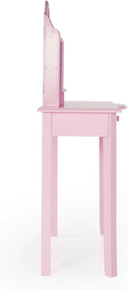 Guidecraft Pink Vanity and Stool Set for Kids Age 3-8, Pretend Play Makeup Table with Mirrors and Chair for Girls, Wooden Princess Toy Vanity Desk Playset with Storage Drawer