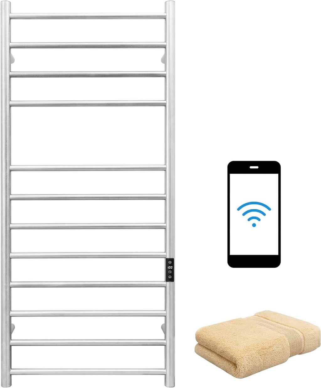 KEG Smart WiFi Towel Warmer Wall Mounted with Built-in Timer and Temperature Adjust Control, 12 Bars Electric Stainless Steel Heated Towel Racks for Bathroom Brushed Nickel