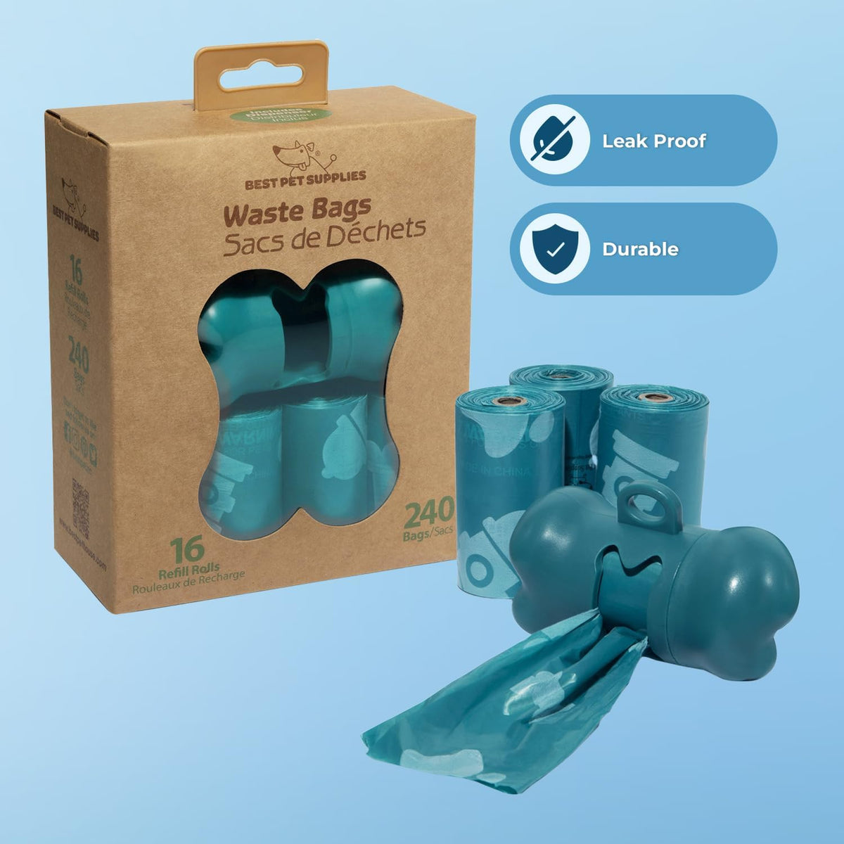Best Pet Supplies Dog Poop Bags (240 Bags) for Waste Refuse Cleanup, Doggy Roll Replacements for Outdoor Puppy Walking and Travel, Leak Proof and Tear Resistant, Thick Plastic - Turquoise