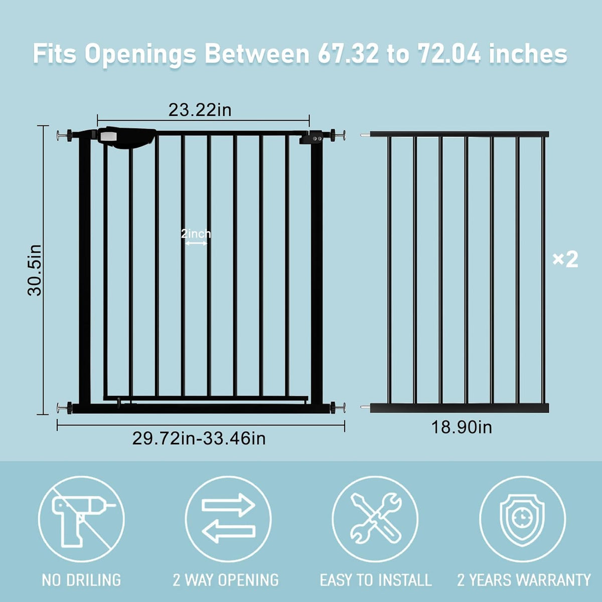 WAOWAO Triple Lock Baby Gate Extra Wide 67.32-72.04" Pressure Mounted Walk Through Swing Auto Close Safety Black Metal Dog Pet Puppy Cat for Stairs,Doorways,Kitchen