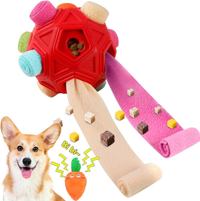 Dog Snuffle Ball-Interactive Puzzle Dog Toys Encourage Natural Foraging Skills Slow Feeder for Training and Stress Relief, Cloth Strip Hiding Food Chew Toys for Any Size Dogs