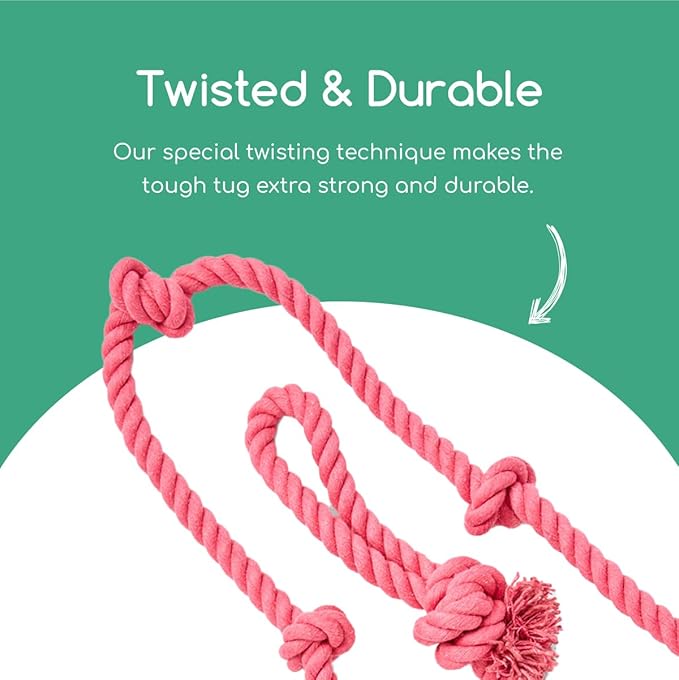 Tumbo Tough Tug Rope Dog Toy - (Pink 5 ft Long Strong and Durable Rope Pull Toy with Handle) TUG of WAR Dog Toy