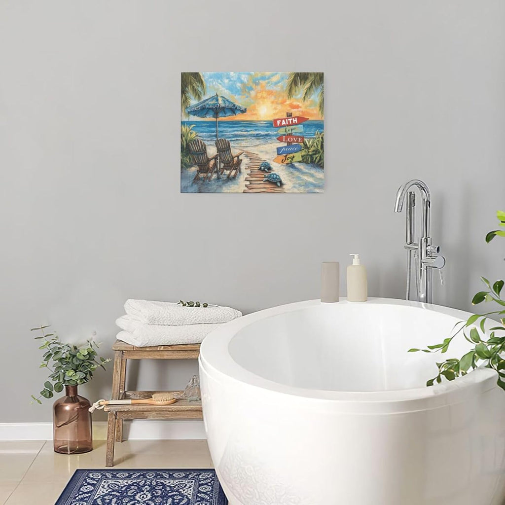 Beach Ocean Bathroom Pictures Wall Art, Seaside Coastal Bathroom Wall Decor, Sunrise Framed Painting Canvas Artwork for Bedroom Living Room Decorations 24"L x 20"W