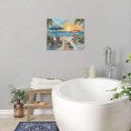 Beach Ocean Bathroom Pictures Wall Art, Seaside Coastal Bathroom Wall Decor, Sunrise Framed Painting Canvas Artwork for Bedroom Living Room Decorations 24"L x 20"W