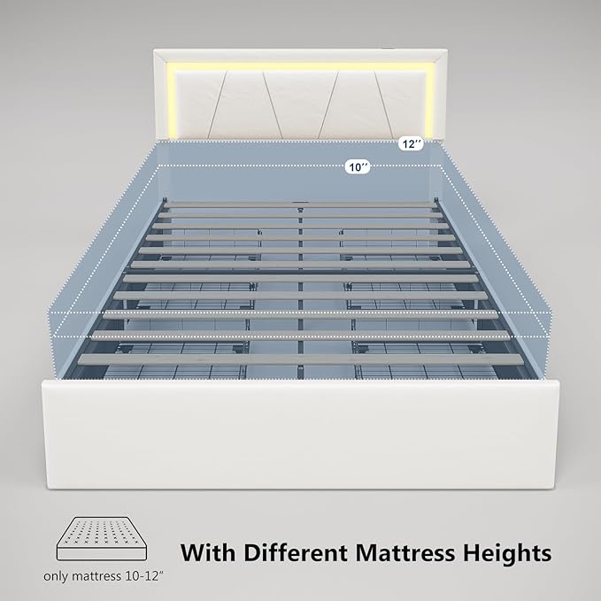 Queen Size Bed Frame with Adjustable Headboard, Upholstered Platform Bed with 4 Storage Drawers, Wooden Slats Support, Built in Charging Station & LED, Noise-Free, No Box Spring Needed, Beige